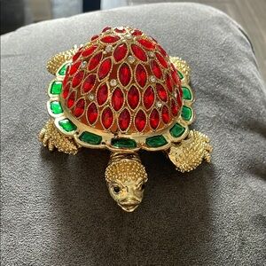 Tchotchke Gold Turtle Trinket Box with Red and Green Jewels